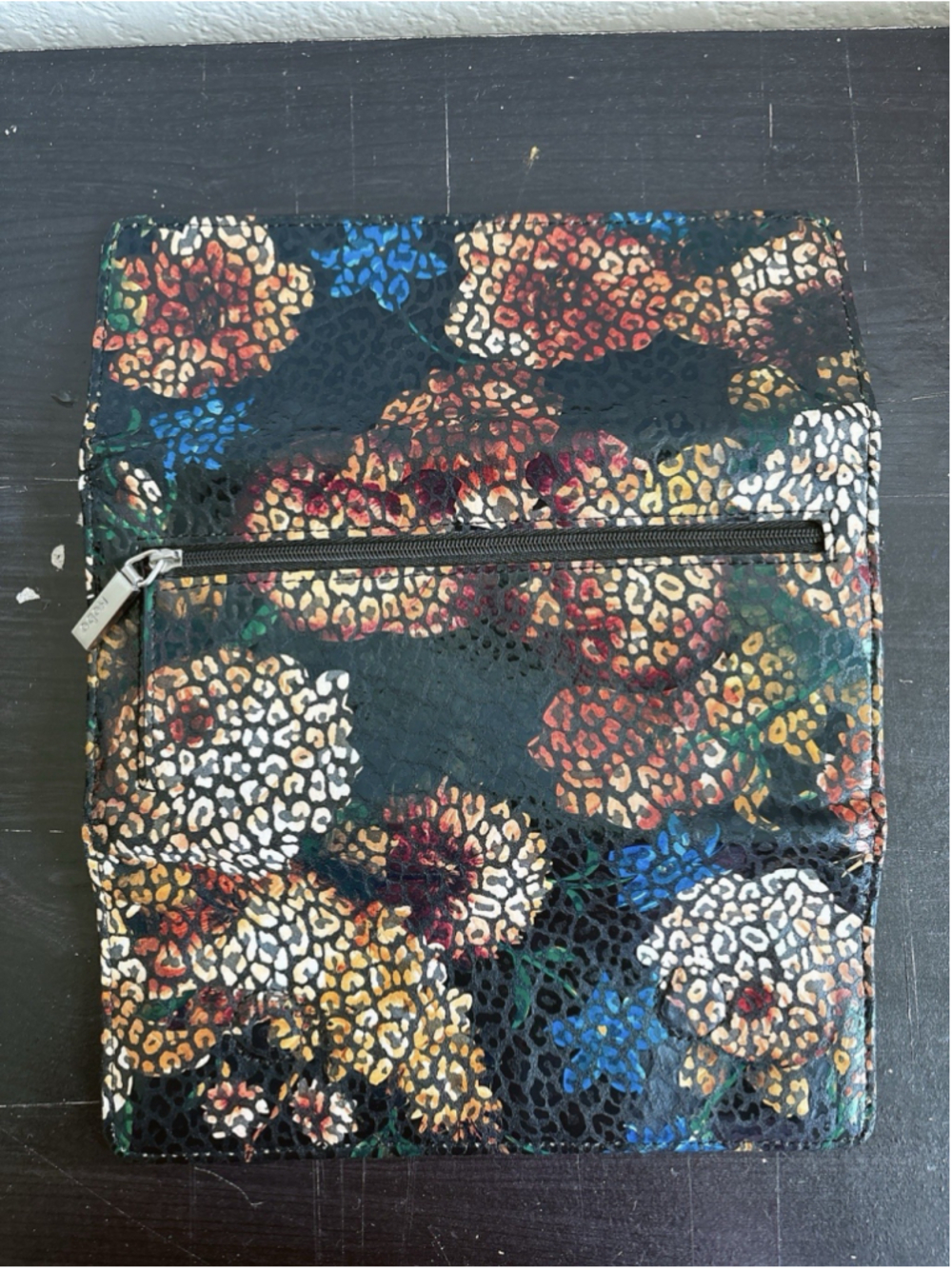 Hobo The Original Leather Trifold Wallet Floral Leopard Print Teal Lining EUC - Picture 6 of 8